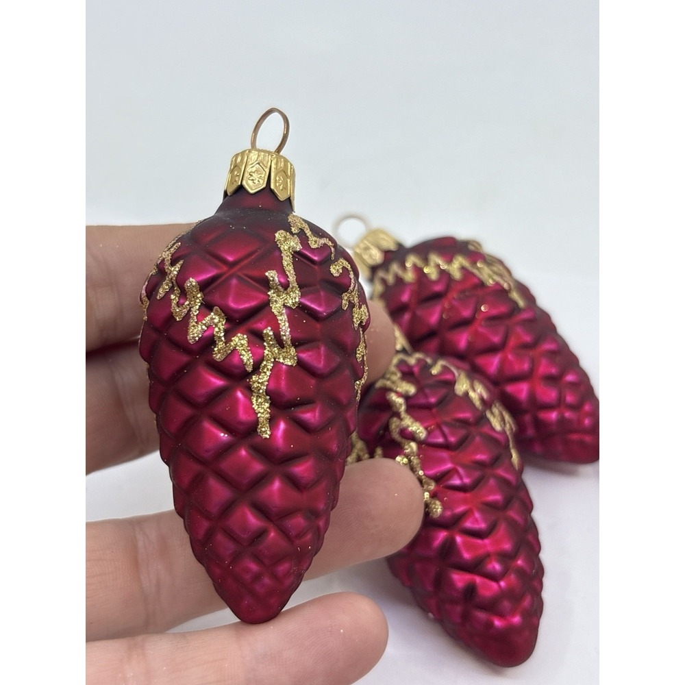 Vintage Hand Blown Glass Red Glitter Christmas Pinecone Ornaments Set Of 5